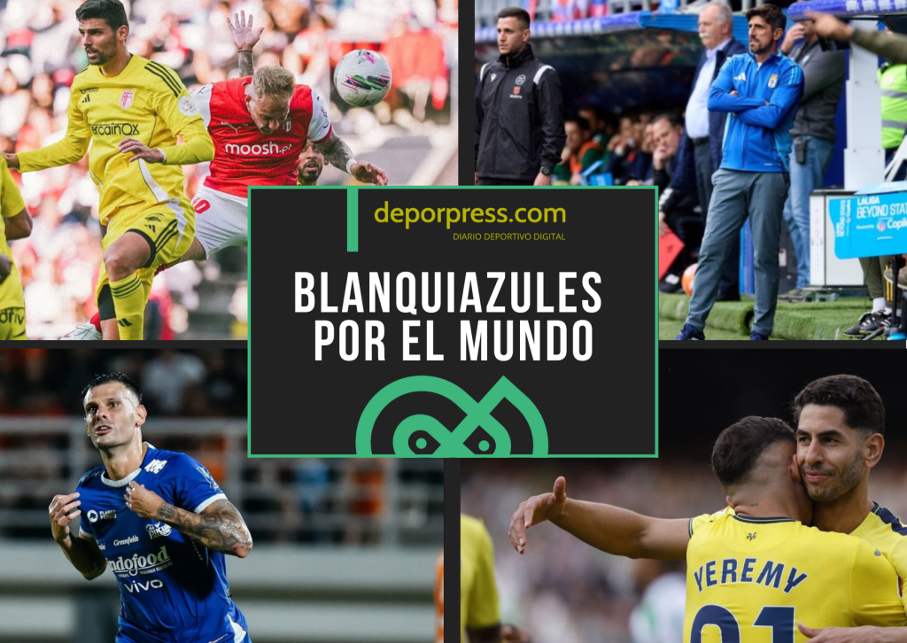 BLANQUIAZULES POR EL MUNDO (3)|Ayoze Pérez celebrando su gol con un compañero (LaLiga)|Veljko Paunovic durante un partido con el Real Oviedo (LaLiga)|Tyronne del Pino celebrando un gol (@Tyronne11)|Uros Racic anotando un gol de cabeza (@Sportingclubedebraga)