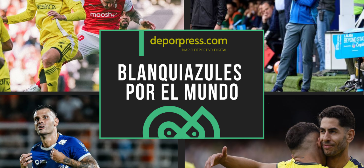 BLANQUIAZULES POR EL MUNDO (3)|Ayoze Pérez celebrando su gol con un compañero (LaLiga)|Veljko Paunovic durante un partido con el Real Oviedo (LaLiga)|Tyronne del Pino celebrando un gol (@Tyronne11)|Uros Racic anotando un gol de cabeza (@Sportingclubedebraga)
