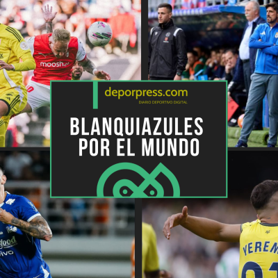 BLANQUIAZULES POR EL MUNDO (3)|Ayoze Pérez celebrando su gol con un compañero (LaLiga)|Veljko Paunovic durante un partido con el Real Oviedo (LaLiga)|Tyronne del Pino celebrando un gol (@Tyronne11)|Uros Racic anotando un gol de cabeza (@Sportingclubedebraga)