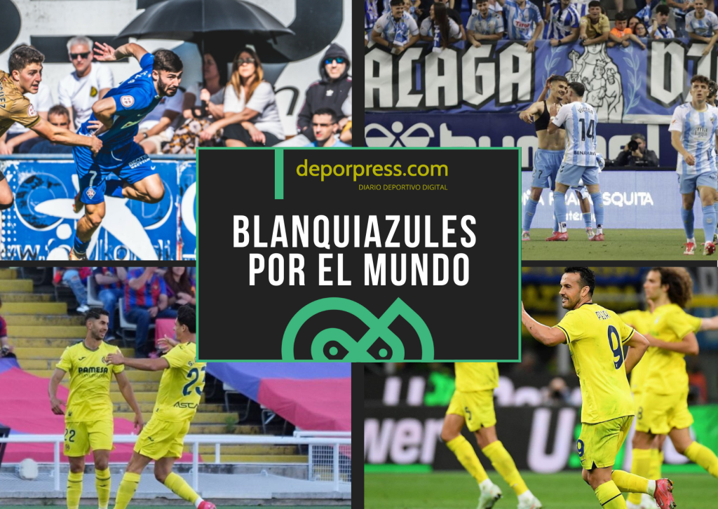 BLANQUIAZULES POR EL MUNDO (7)|Pedro celebrando su gol ante el Inter de Milán (_Pedro17_)|Víctor García celebrando un gol con su compañero (LaLiga)|Dani Selma pasa el balón tras irse de un rival (@danielselmaa)