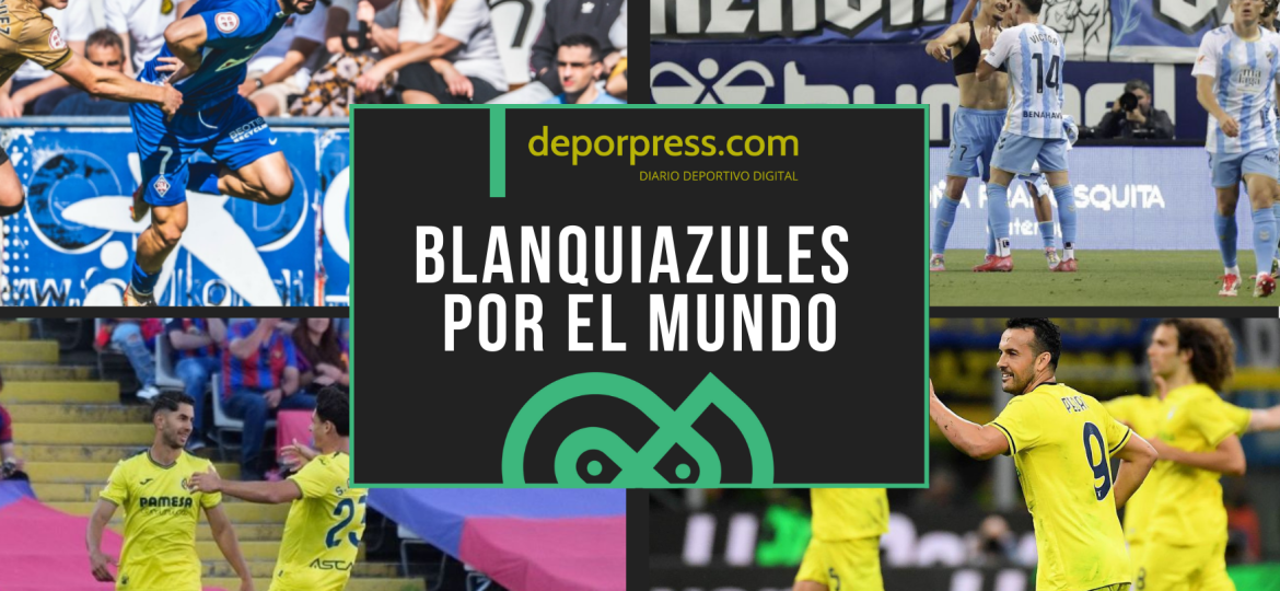 BLANQUIAZULES POR EL MUNDO (7)|Pedro celebrando su gol ante el Inter de Milán (_Pedro17_)|Víctor García celebrando un gol con su compañero (LaLiga)|Dani Selma pasa el balón tras irse de un rival (@danielselmaa)