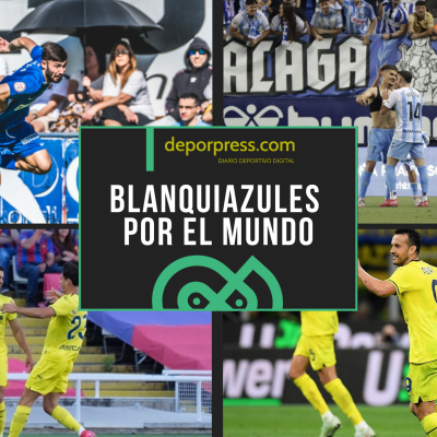 BLANQUIAZULES POR EL MUNDO (7)|Pedro celebrando su gol ante el Inter de Milán (_Pedro17_)|Víctor García celebrando un gol con su compañero (LaLiga)|Dani Selma pasa el balón tras irse de un rival (@danielselmaa)