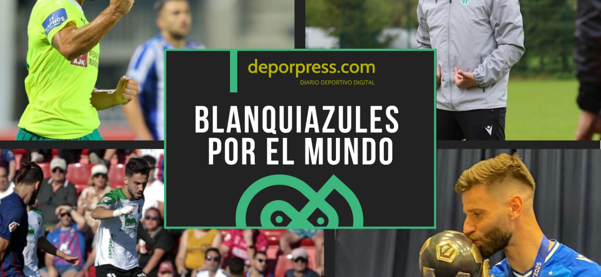 BLANQUIAZULES POR EL MUNDO (8)|Fran Sol celebra un gol con el Larnaca (@fran_sol9)|Curro Torres en un entrenamiento con el Levadia (@fcilevadia)|Curro Torres en un entrenamiento con el Levadia (@fcilevadia)|Andrés Martín trata de irse de su rival (LaLiga)