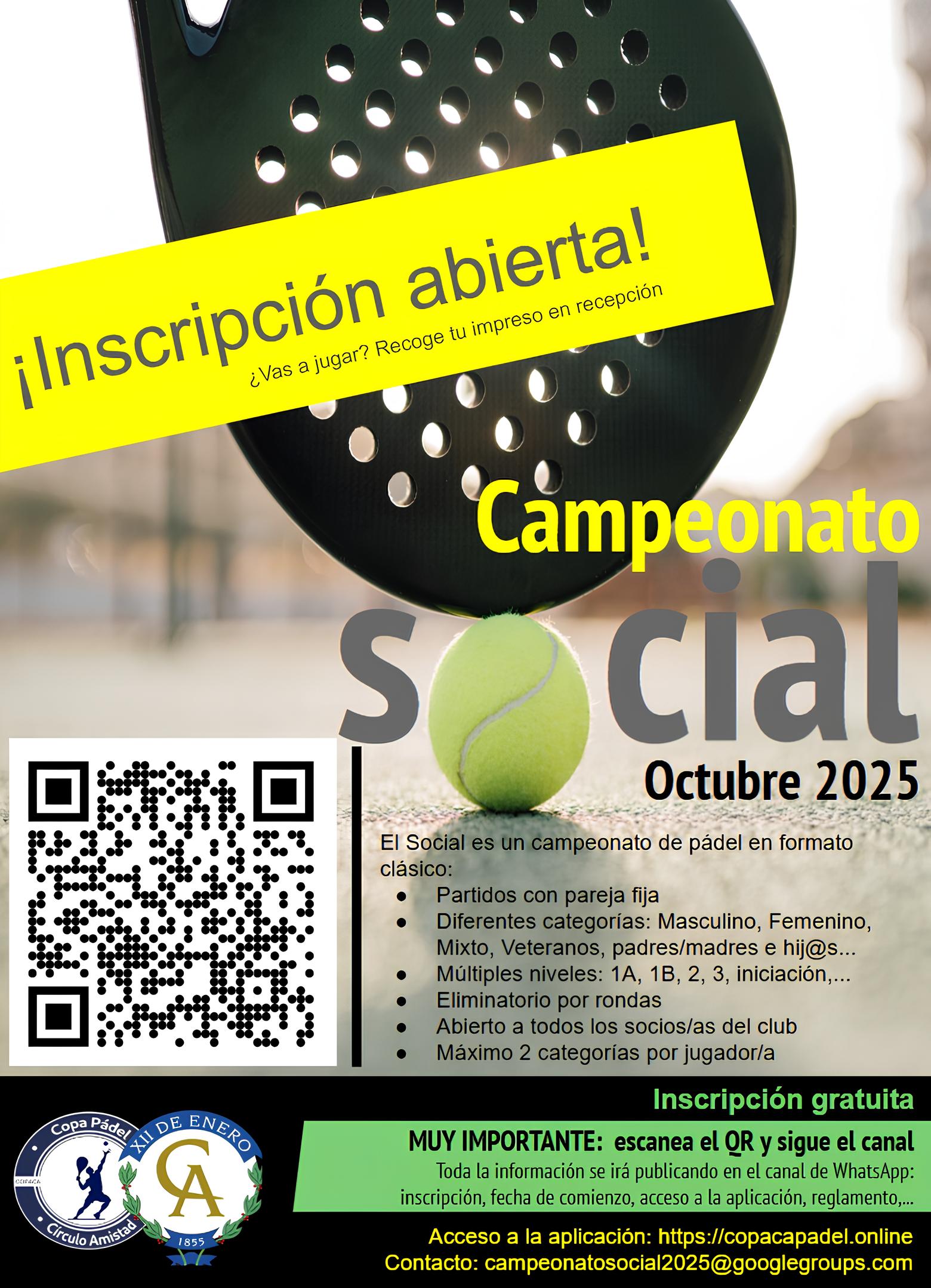Cartel del Campeonato Social Pádel 2025 (CÍRCULO DE AMISTAD XII DE ENERO)