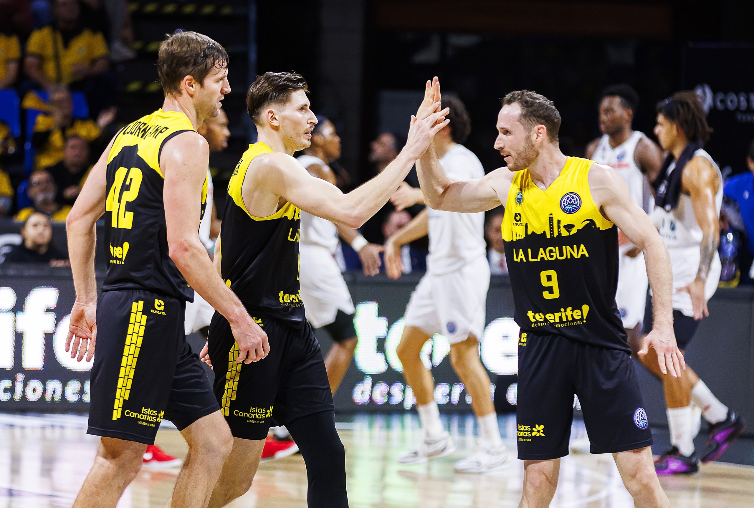 Los jugadores aurinegros celebran en el Santiago Martín (CB CANARIAS)