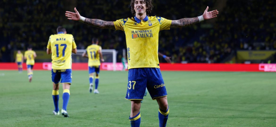 Fabio Silva celebrando su gol al Mallorca (@UDLP_Oficial)