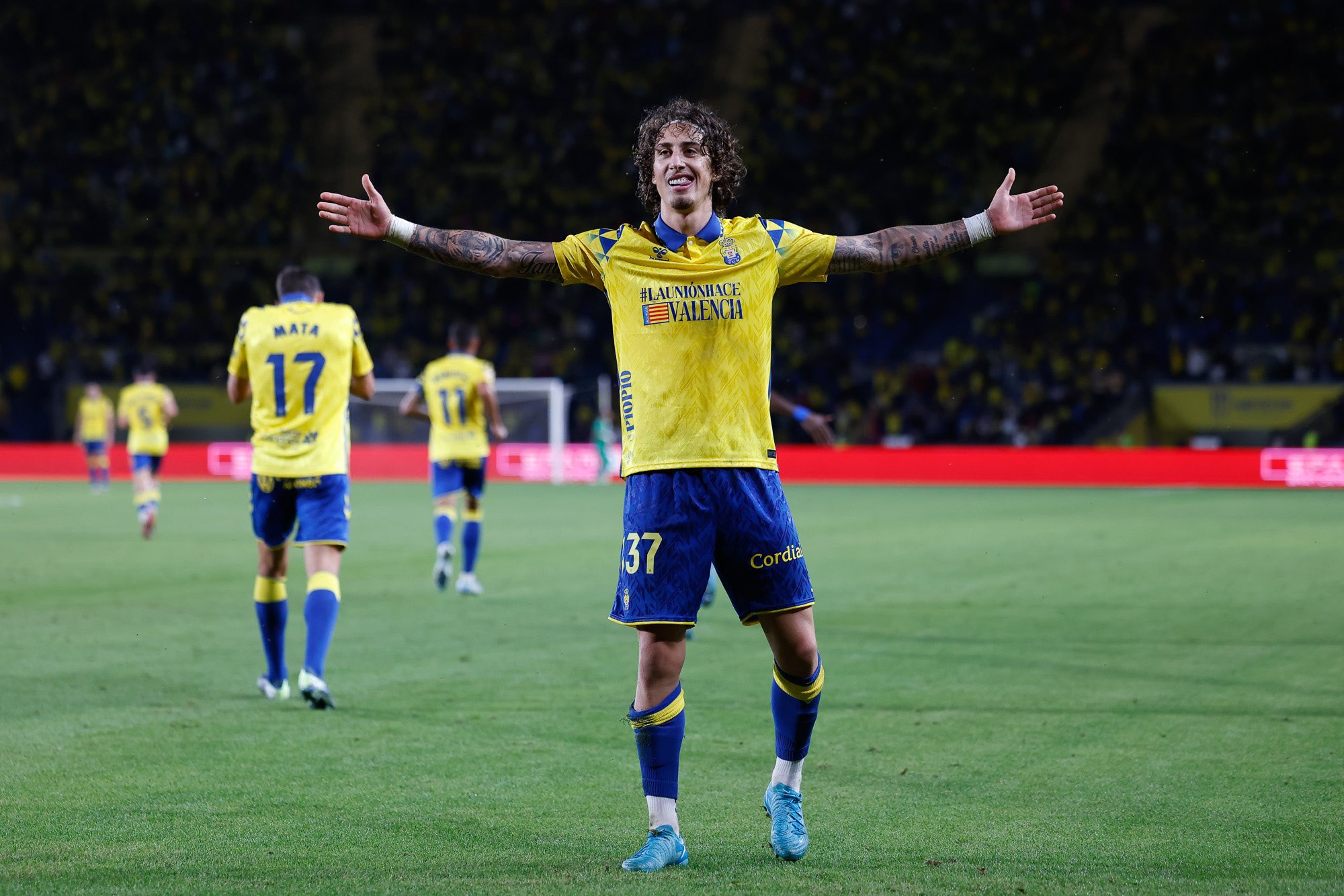 Fabio Silva celebrando su gol al Mallorca (@UDLP_Oficial)