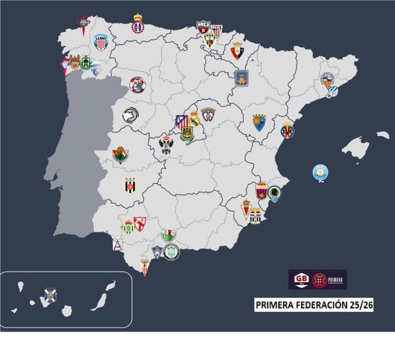 Mapa con los 38 equipos confirmados para Primera RFEF (@GRADABPRO).