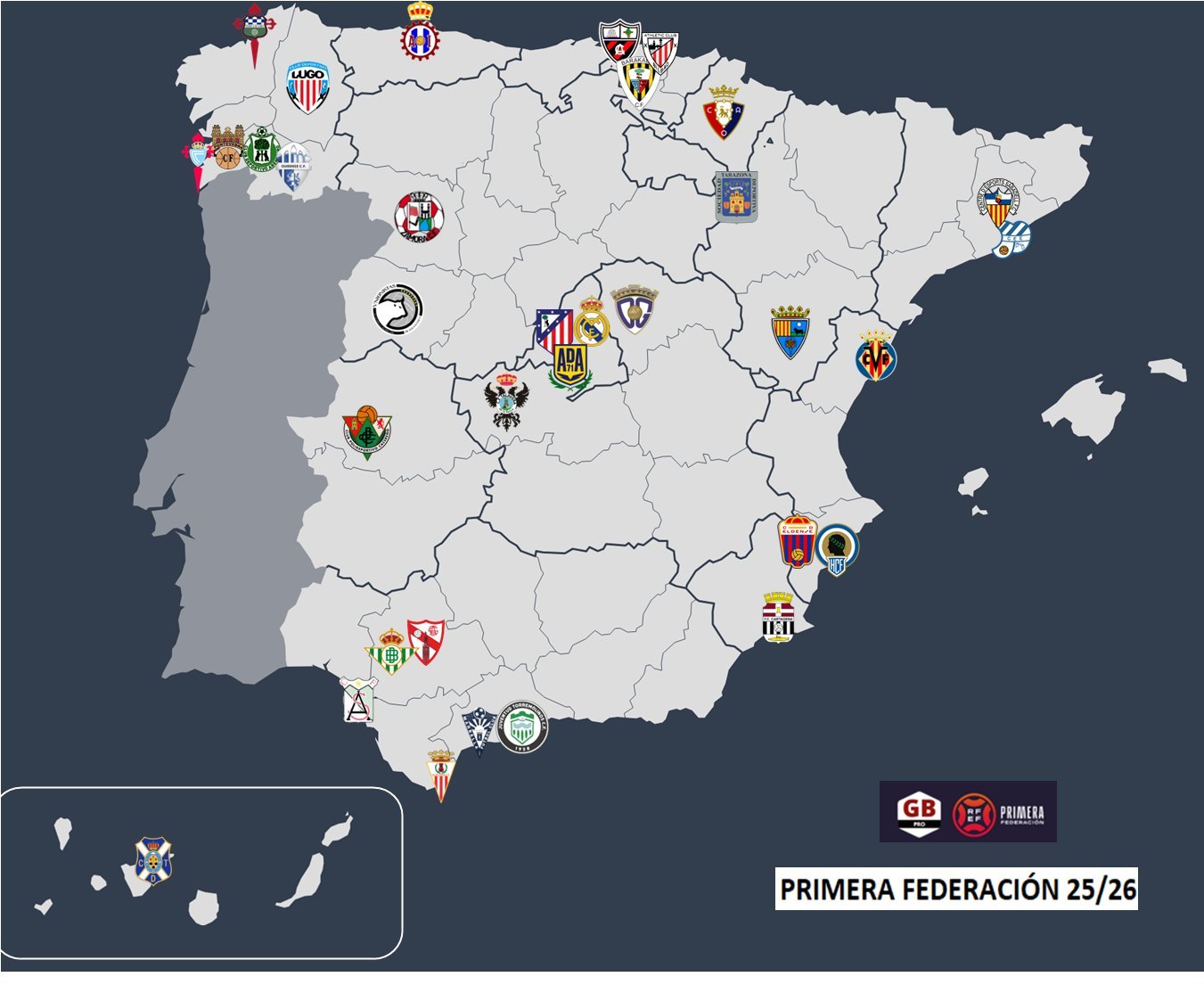 Mapa actual de la Primera RFEF (@GRADABPRO).