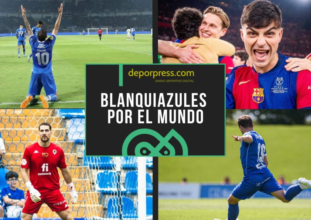 Blanquiazules por el mundo|Tyronne celebra uno de sus goles (@tyronne11)|Rubén Díez en un lance de juego (@ADCeuta_FC)|Carlos Abad ante el Alcorcón (@cfhercules)|Pedri celebra el triunfo copero (@fcbarcelona)