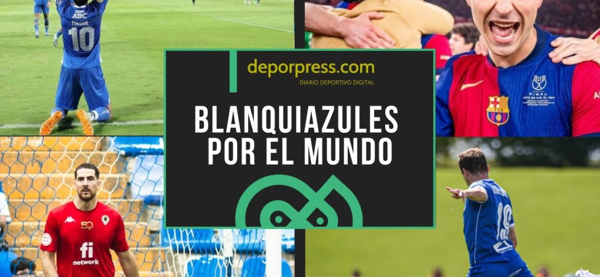 Blanquiazules por el mundo|Tyronne celebra uno de sus goles (@tyronne11)|Rubén Díez en un lance de juego (@ADCeuta_FC)|Carlos Abad ante el Alcorcón (@cfhercules)|Pedri celebra el triunfo copero (@fcbarcelona)