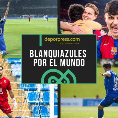 Blanquiazules por el mundo|Tyronne celebra uno de sus goles (@tyronne11)|Rubén Díez en un lance de juego (@ADCeuta_FC)|Carlos Abad ante el Alcorcón (@cfhercules)|Pedri celebra el triunfo copero (@fcbarcelona)