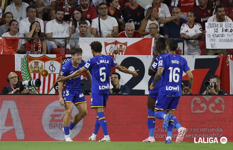 Milla celebra uno de los goles con Liso (LALIGA).