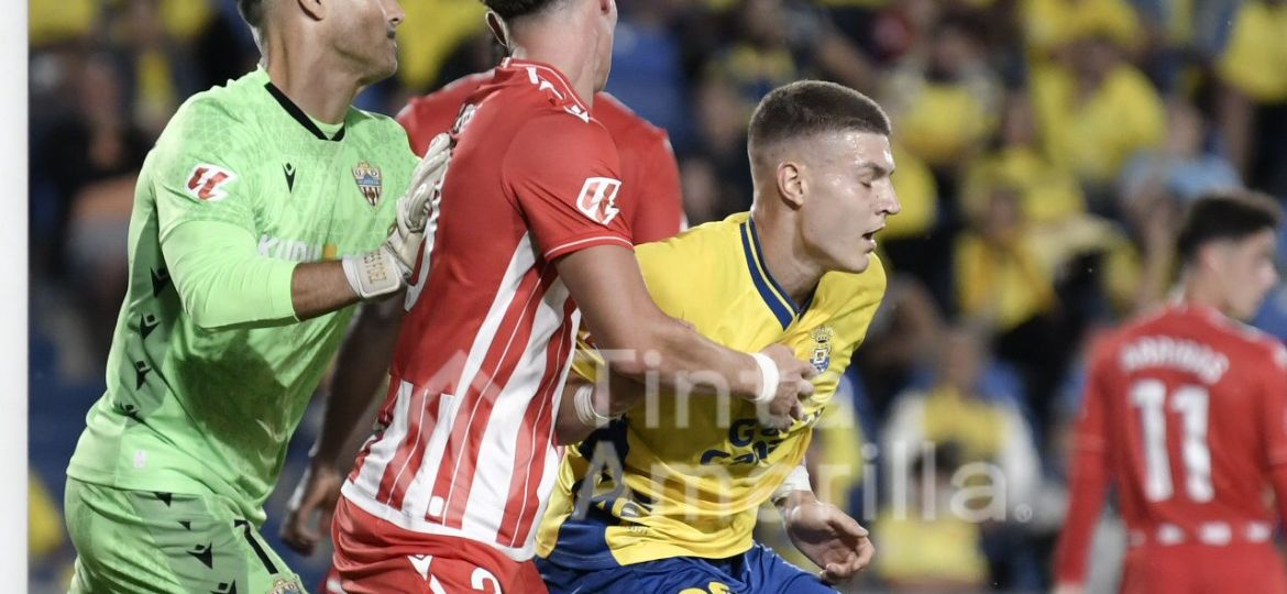 Un forcejeo de Lukovic con la defensa del Almería (C. Torres)