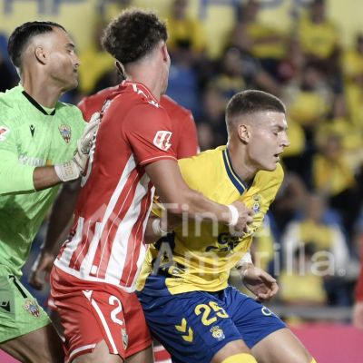 Un forcejeo de Lukovic con la defensa del Almería (C. Torres)