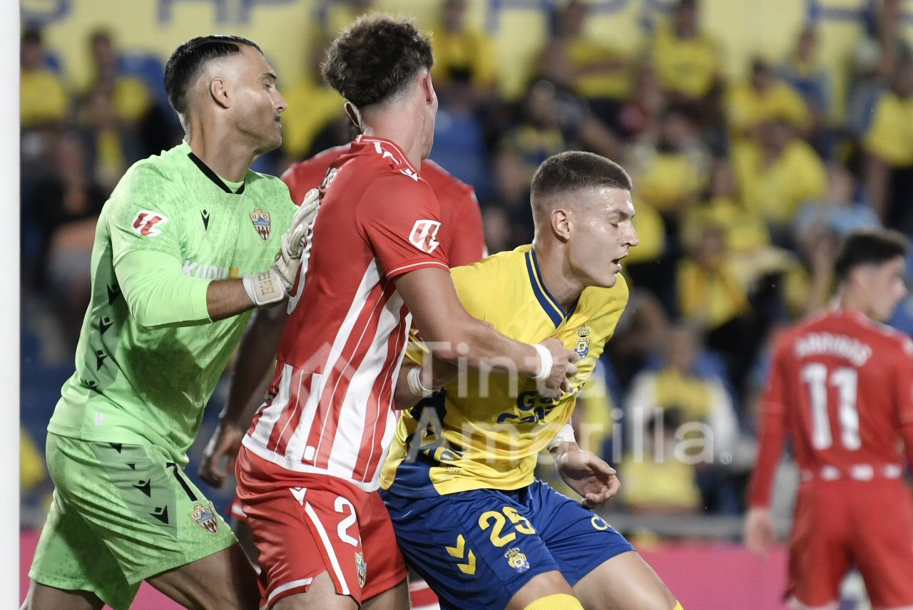 Un forcejeo de Lukovic con la defensa del Almería (C. Torres)