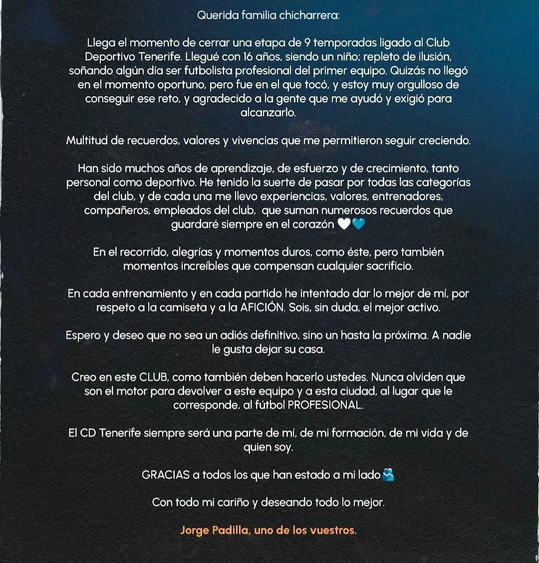 Carta de despedida de Jorge Padilla del Tenerife