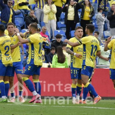 Los jugadores de la UD celebran el gol de Manu Fuster (TINTAAMARILLA.ES).
