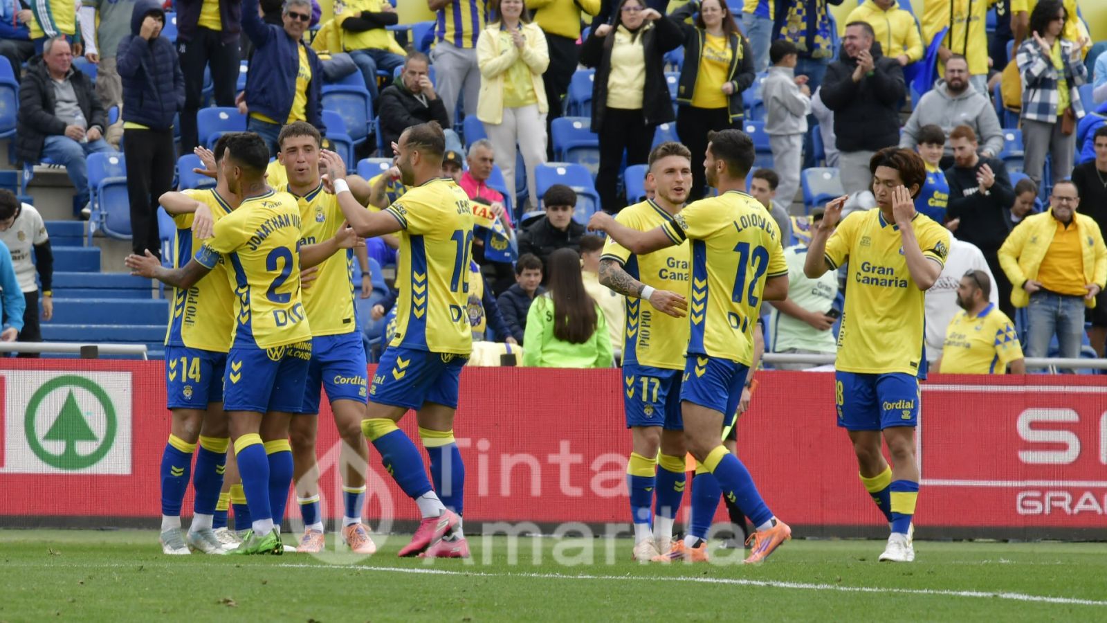 Los jugadores de la UD celebran el gol de Manu Fuster (TINTAAMARILLA.ES).