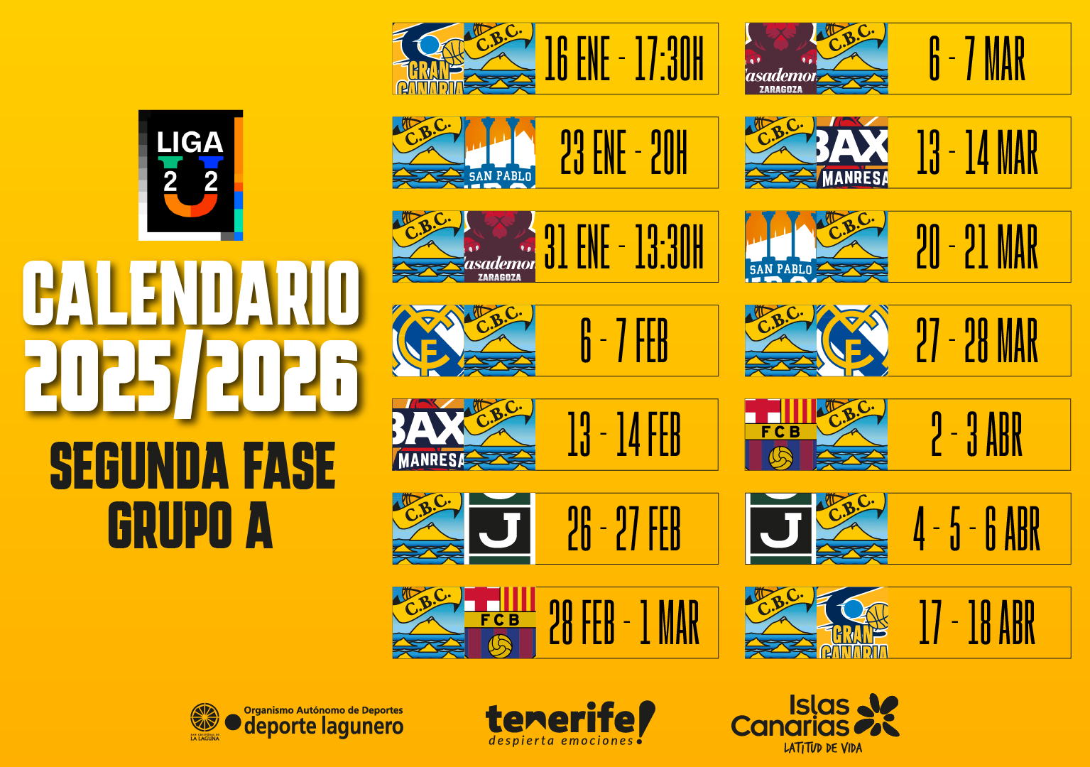 Calendario Segunda Fase Liga U (CB Canarias)
