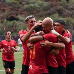El cuadro palmero celebrando uno de los goles en el Silvestre Carrillo (@CDMensajero)