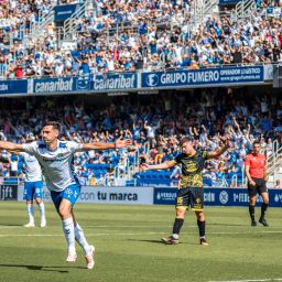 Jesús de Miguel celebrando un gol en el Heliodoro (CD Tenerife)