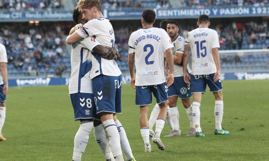Jugadores del Tenerife celebran el gol de Cantero al Castellón (LA LIGA)