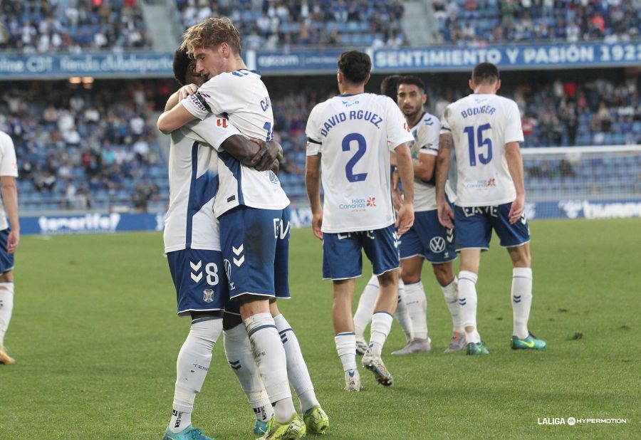 Jugadores del Tenerife celebran el gol de Cantero al Castellón (LA LIGA)