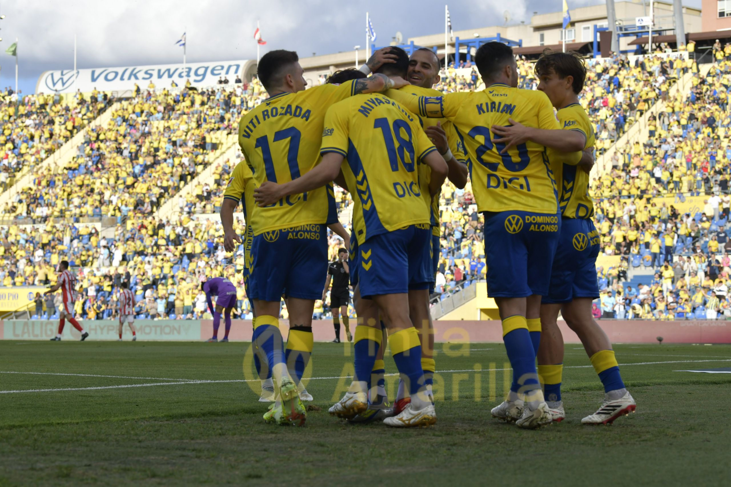 Los jugadores de Las Palmas celebran el gol (TINTAAMARILLA.ES).