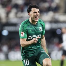 Álex Bermejo celebrando uno de sus goles al Cartagena (LA LIGA)