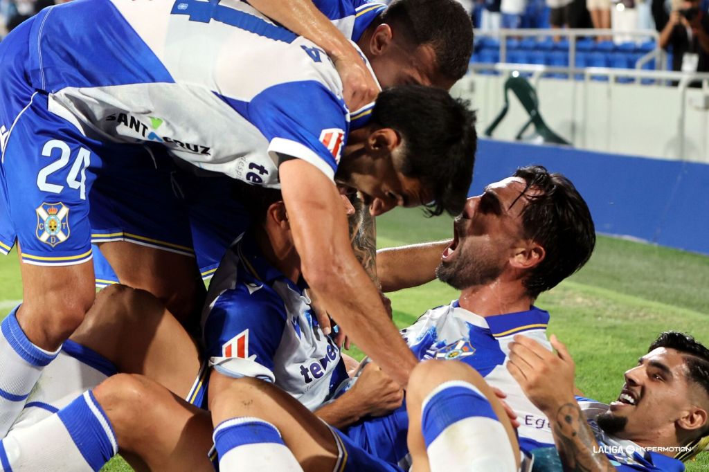 Los jugadores del Tenerife celebran el gol de Gallego (LALIGA).